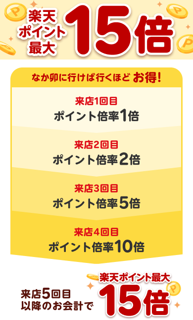 楽天ポイント最大15倍 なか卯に行けば行くほどお得！［来店1回目：ポイント倍率1倍 来店2回目：ポイント倍率2倍 来店3回目：ポイント倍率5倍 来店4回目：ポイント倍率10倍 来店5回目以降のお会計で楽天ポイント最大15倍］